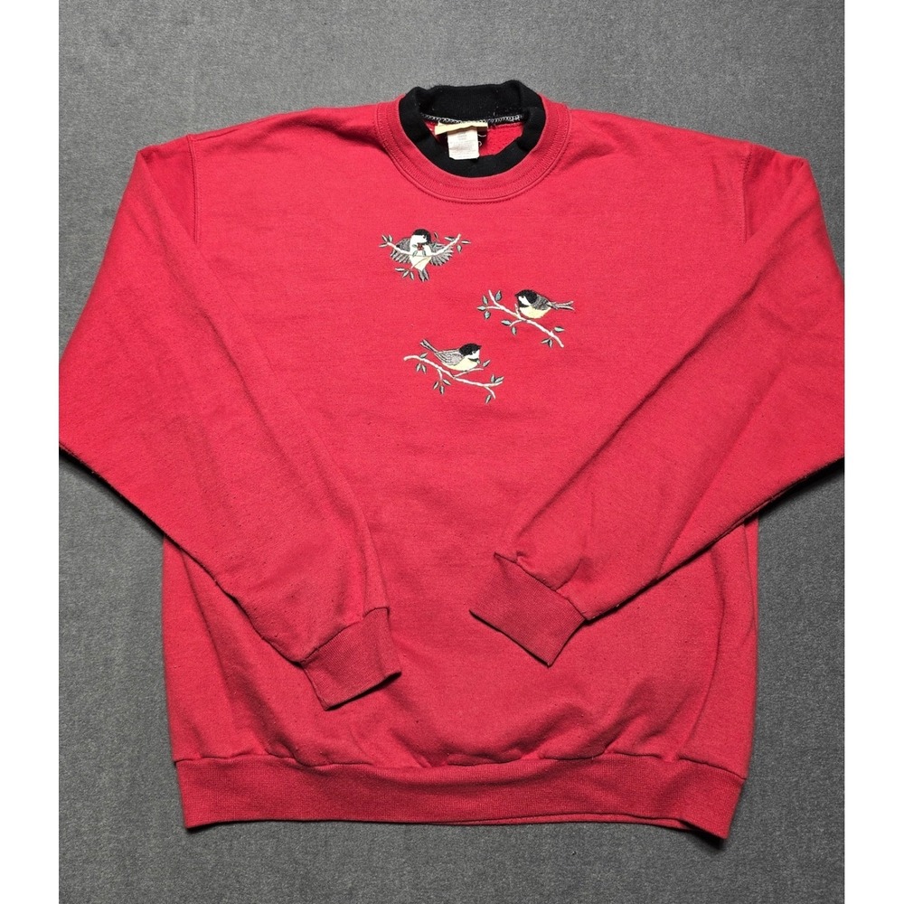 Top Stitch Morning Sun Red Bird Sweatshirt Embroidered Crew Neck Womens Large 90